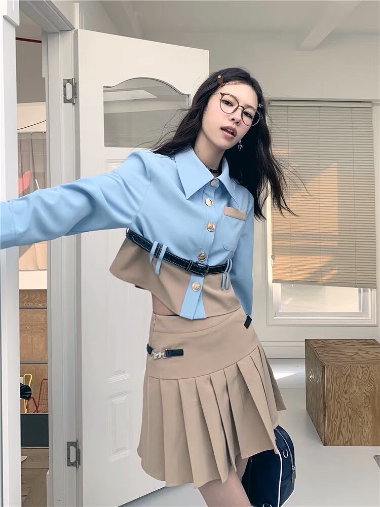 セットアップ】水色 ベージュ 制服 プリーツスカート オフショルダー  