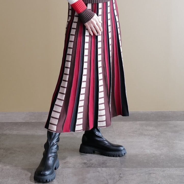 デザインプリーツニットスカート(ワイン)