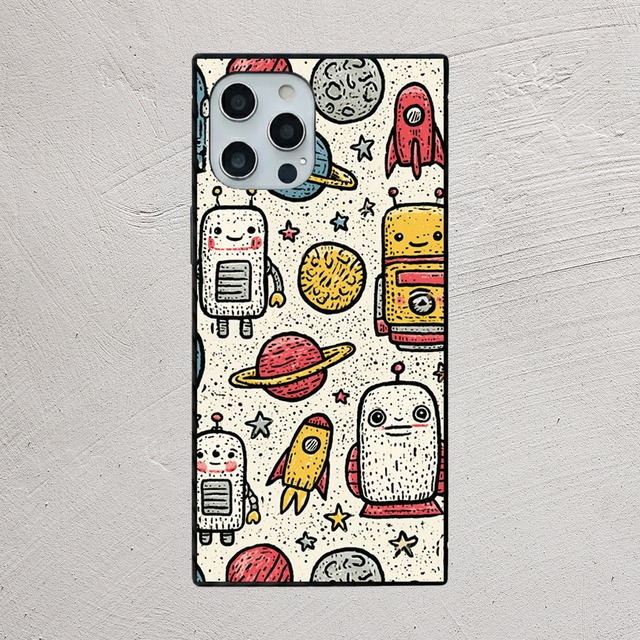 受注生産 iPhoneケース ロボットと惑星のレトロ宇宙柄｜ロボットモチーフ RFSP046C