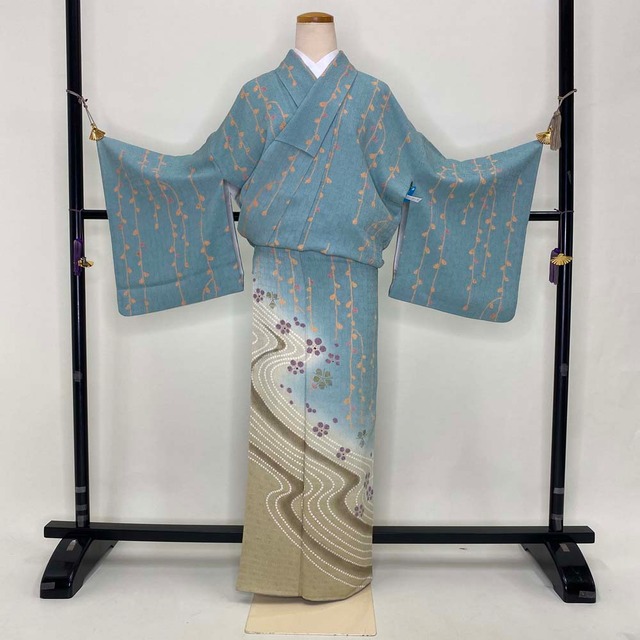 付け下げ 訪問着 中古 古典柄 花柄 緑 抹茶 絞り 紅葉 いちょう 裄65cm 