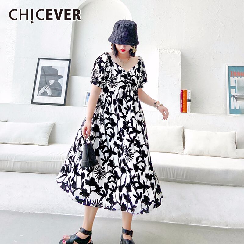 CHICEVERプリントヒットカラードレスパフスリーブVネックバックレスルーズオーバーサイズレディースドレス2020夏 サマー 夏物 6base549971590634