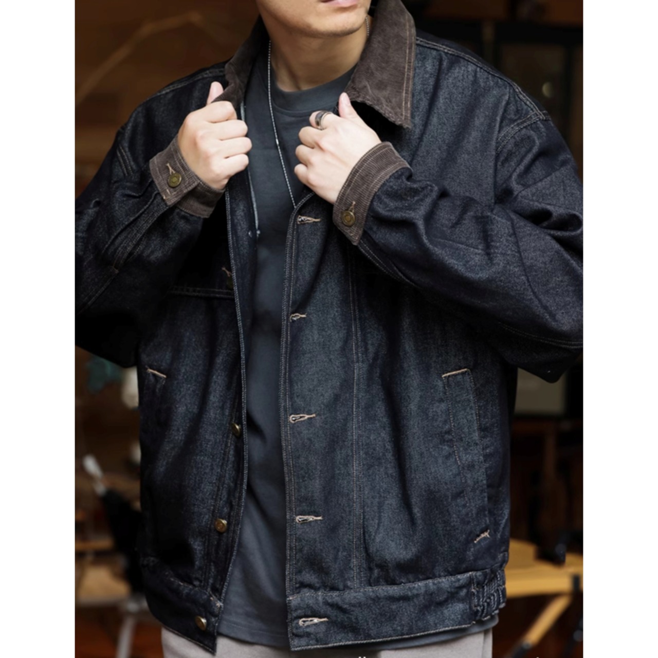 Corduroy Collar Denim Jacket Long Sleeve Work Jacket ◇H0367