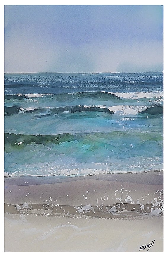水彩画「光る海」
