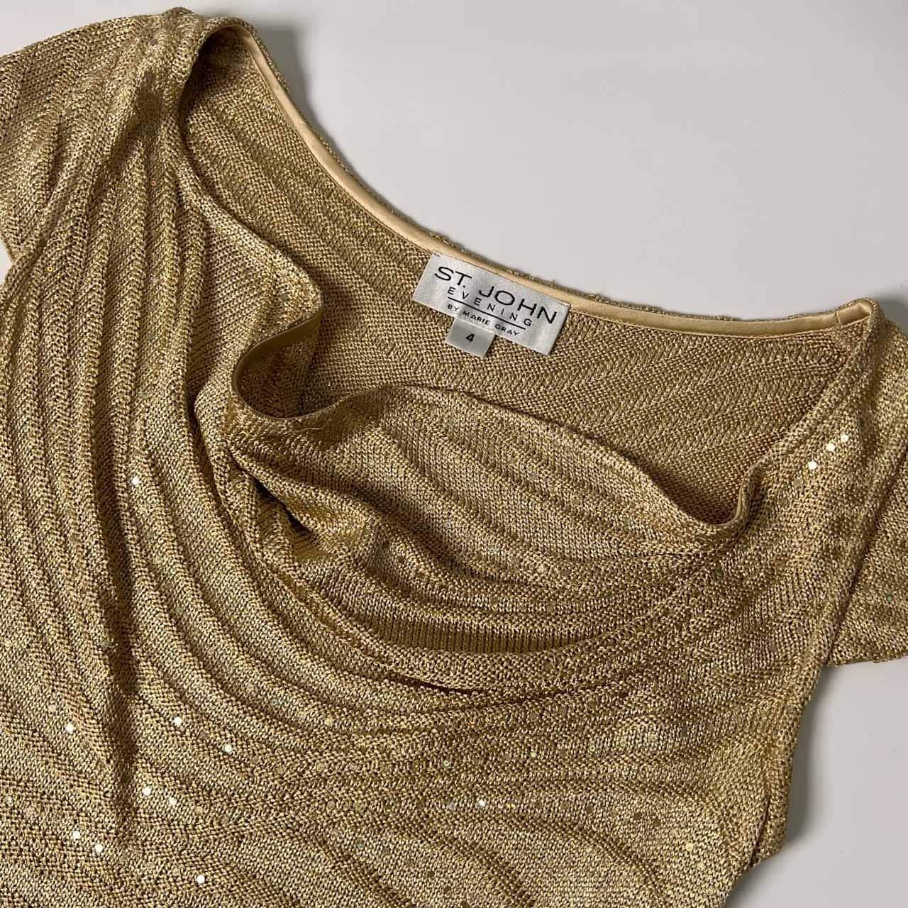 USA製  ST.JOHN EVENING セント ジョン ゴールド 豪華デザイン スパンコール フレンチスリーブ ニット ロングワンピース 4/ゴールド レディース
