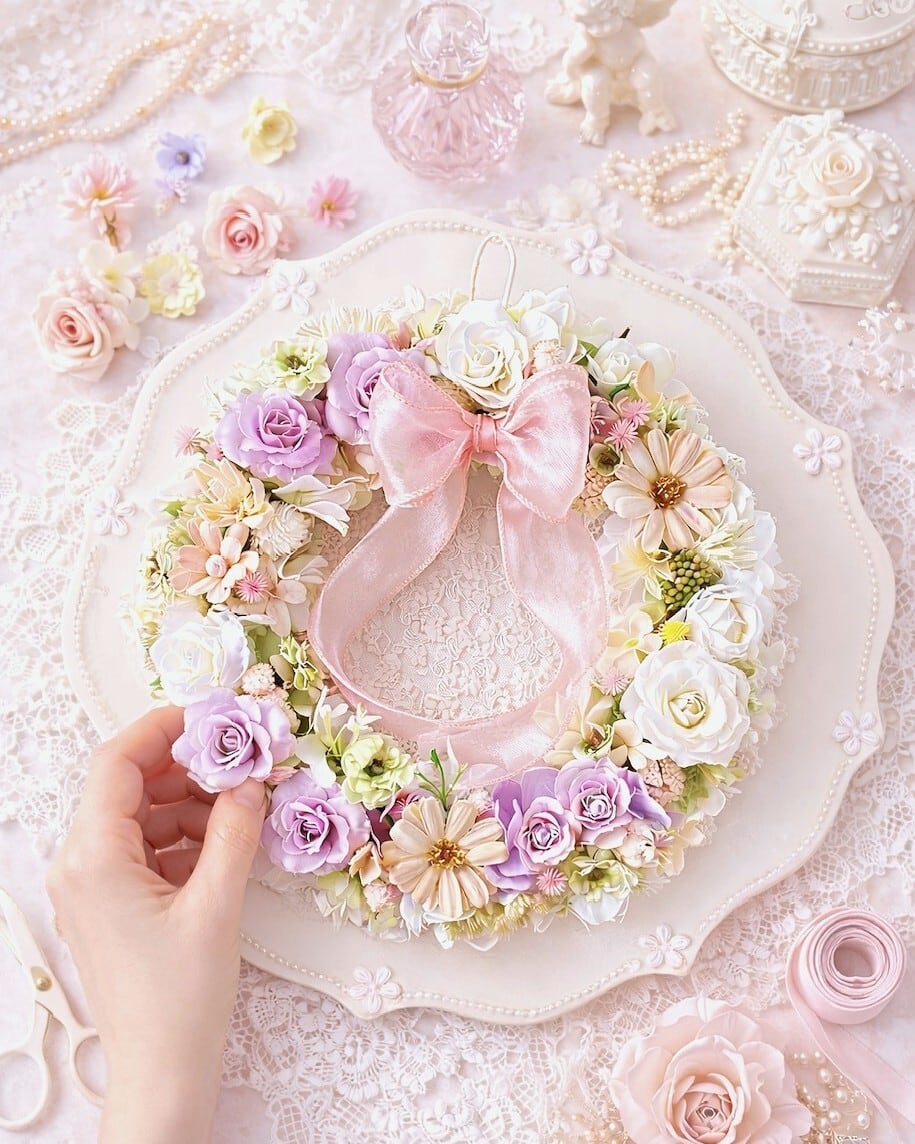 紫陽花とバラの花リース【WR-009】径23㎝│やさしい春色｜インテリア｜ギフトフラワー｜母の日のギフト