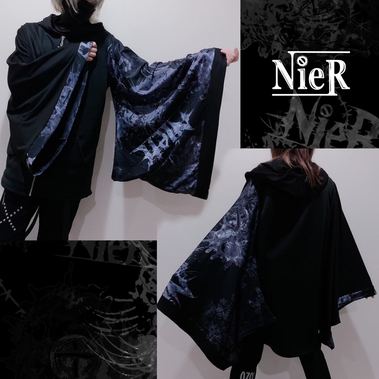 着物風stretch Zip Parka 黒彼岸花 裏地防寒フリース Nier