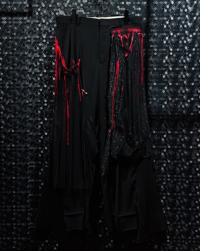 【ÆIEM】vivid notes “CRIMSON VEIL” Asymmetry Layered Wide Pants