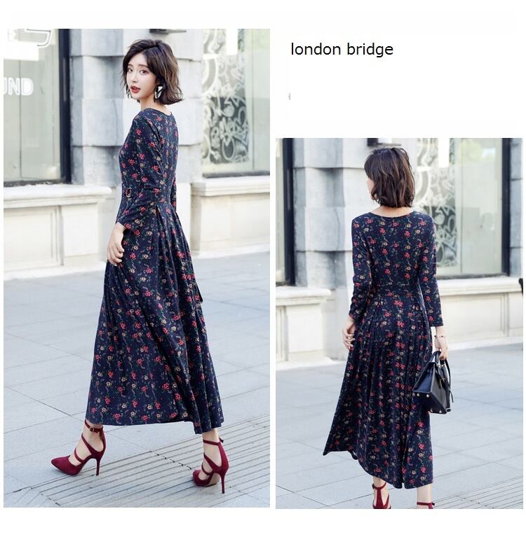 新商品 花柄 長袖ワンピース ロング丈 小花柄 花柄ワンピース 秋 ネイビー ワンピース ロング 長袖 花柄ワンピース 結婚式 パーティー ワンピース ロング丈 ワンピース 大きいサイズ フレア ワンピース 秋 大きいサイズ デート お出かけ 送料無料 韓国レディース