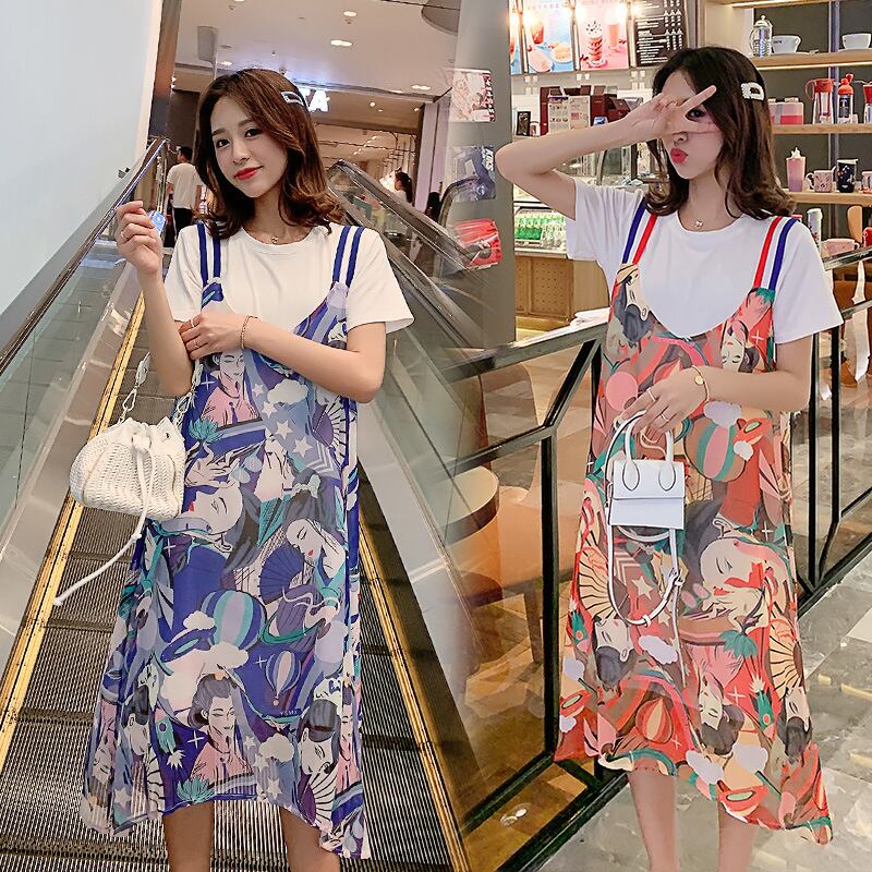 【新作】【送料無料】 新しいマタニティドレスのマタニティドレス2019夏バージョン、ファッションプリントサスペンダー、ツーピースマタニティドレス-アリババ サマー 夏物 expec29829047120