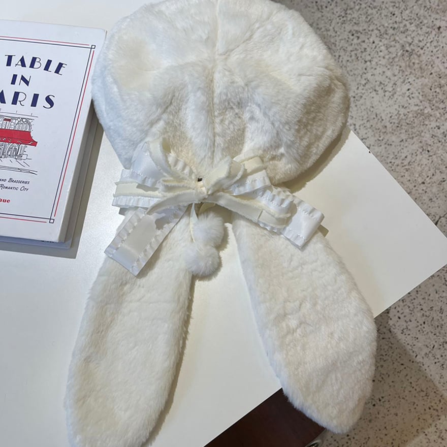 うさ耳付き もこもこ ファー ベレー帽 リボン ポンポン ロリィタ 甘