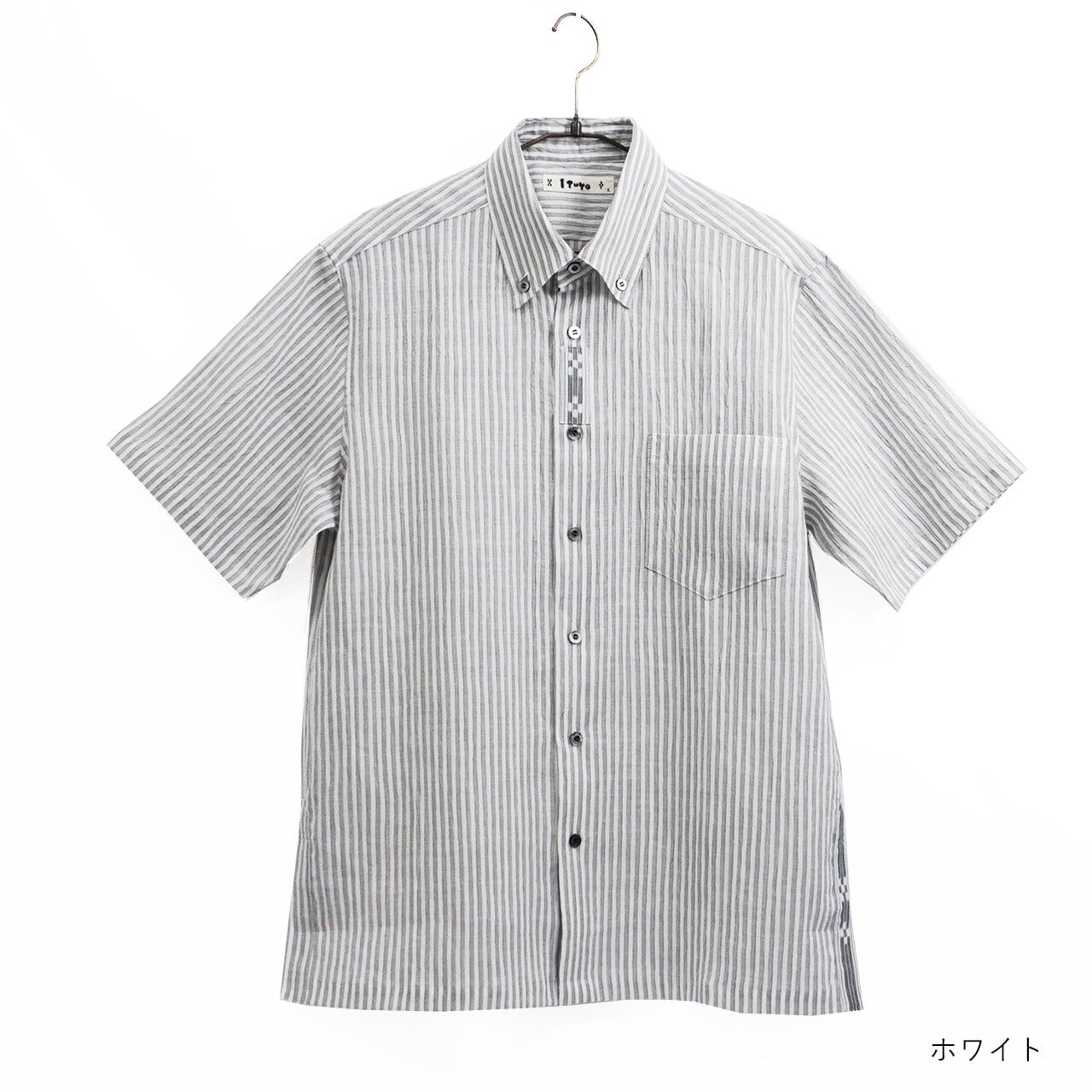 手もみ麻 細縞麻スラブ ボタンダウン 半袖 シャツ [ITUYO] メンズ