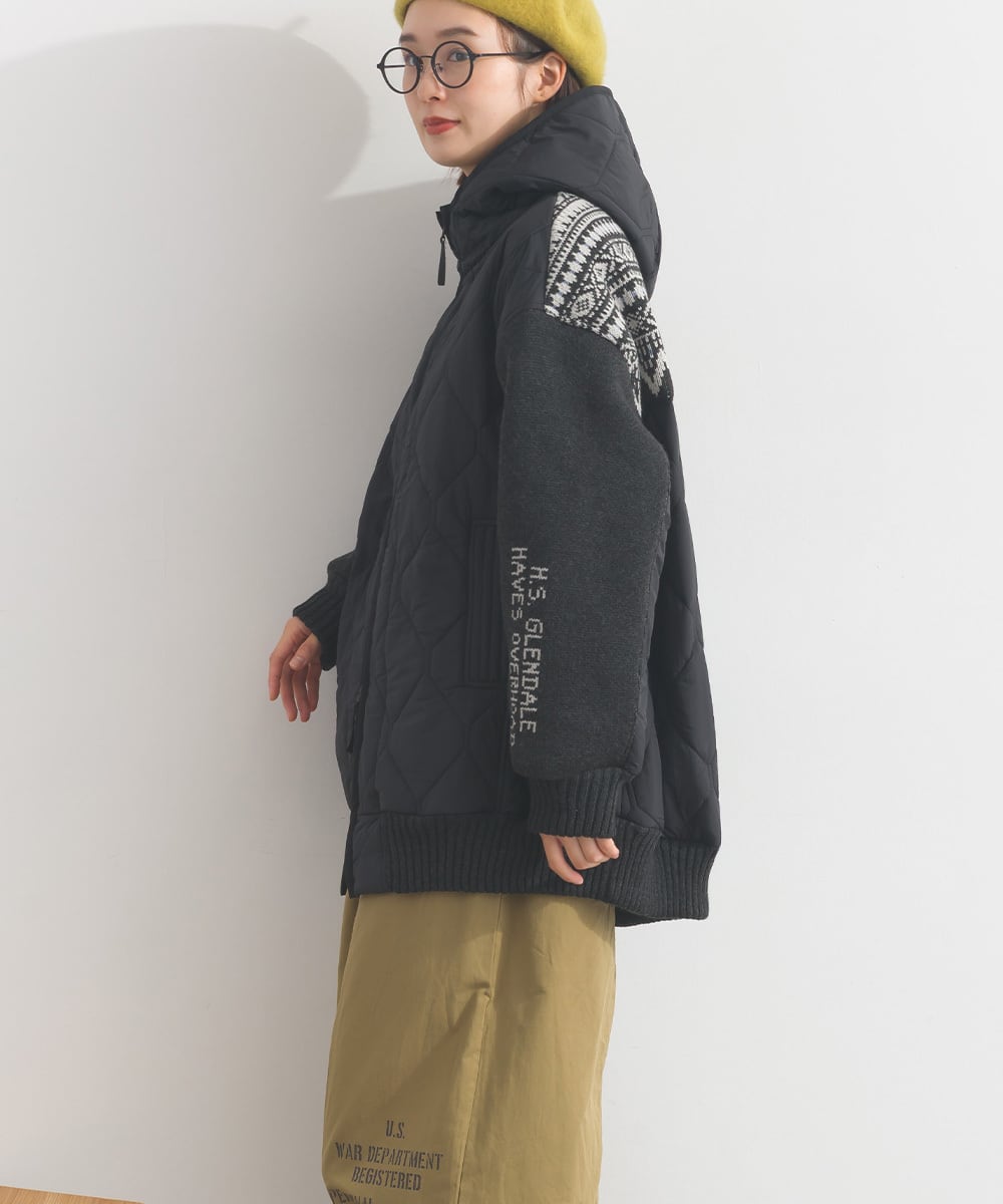 K53122 キルティングジャカードニット切替ZIPパーカー / Quilted