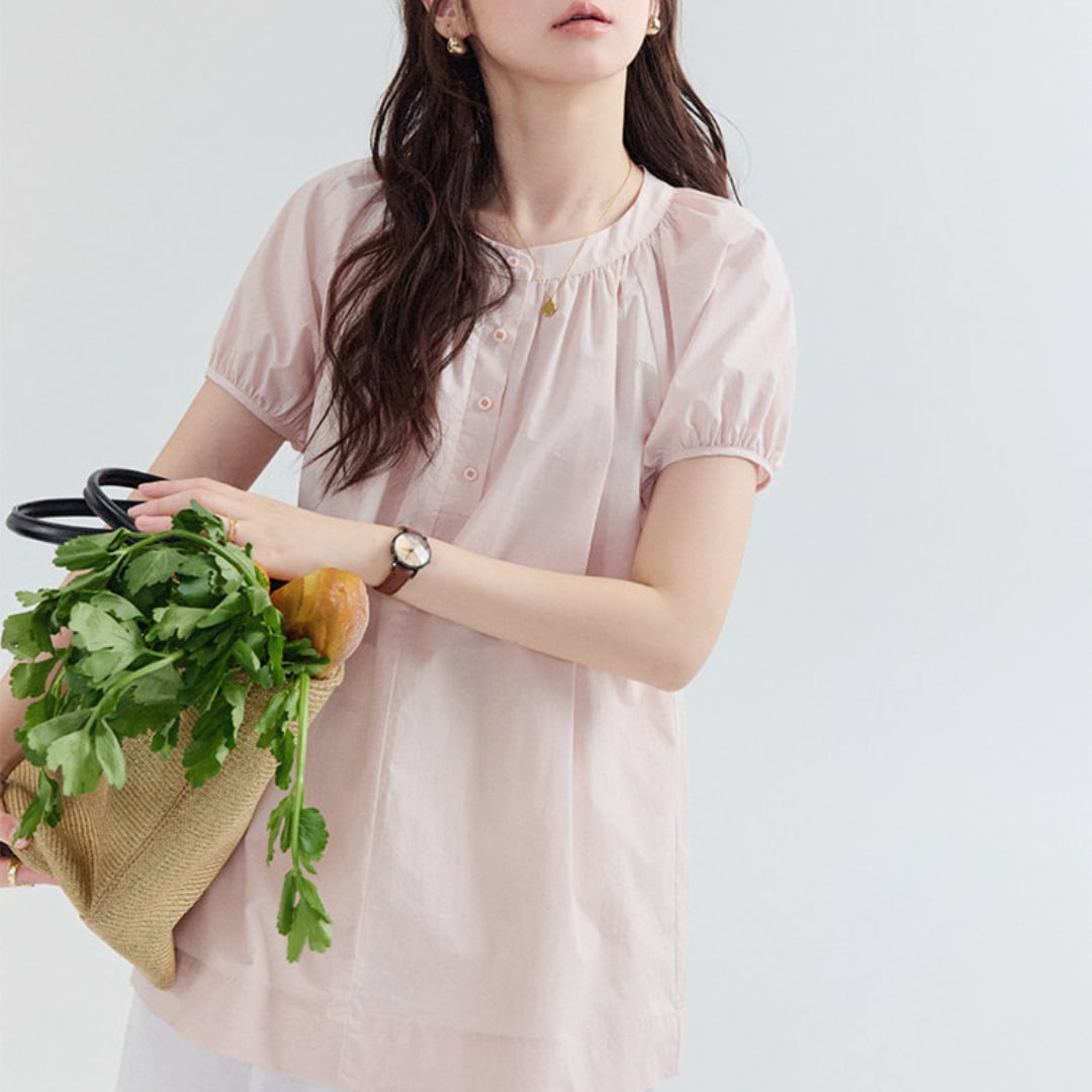 cotton gather neck short sleeve blouse