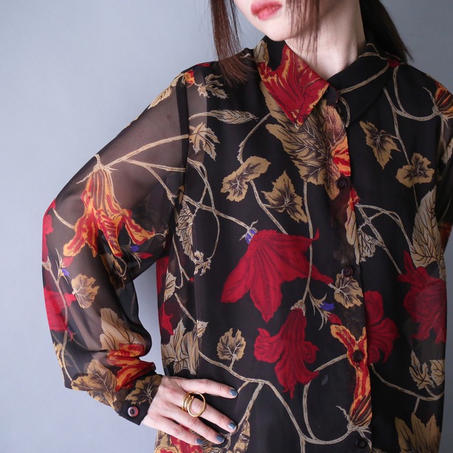 “和”motif loose silhouette flower see-through design shirt