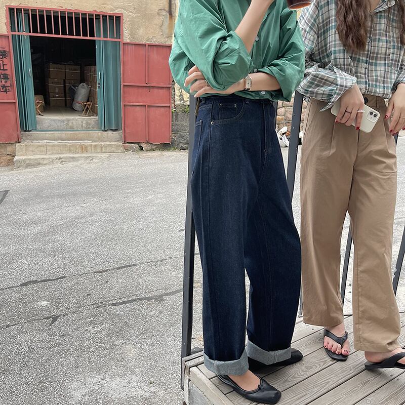 ダークブルーワイドレッグジーンズ オータムウェスト薄手スタイル 秋物 ワイドパンツ ビッグFスモールZ韓国21149362599