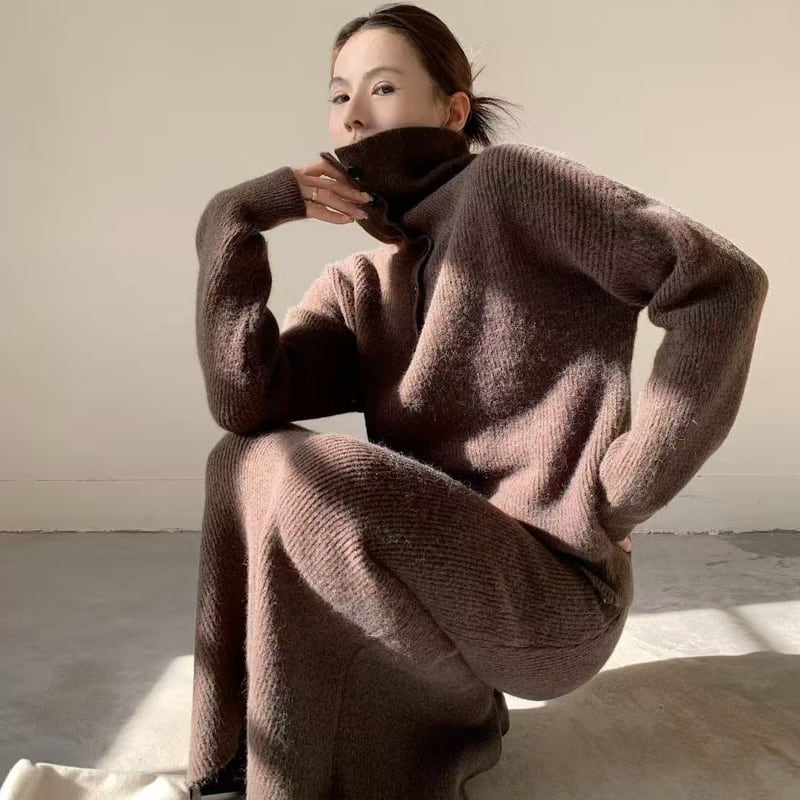 【set】ハイネックニットトップス×ロングスカートセット Q6773