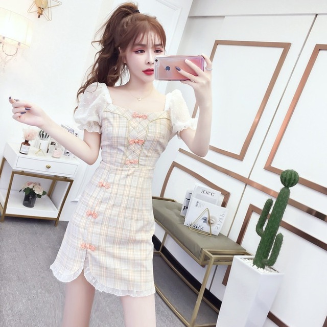 スタンダード格子柄バックルレーススリーブドレス レディース レトロ ステッチ ハンチェンe25565077947