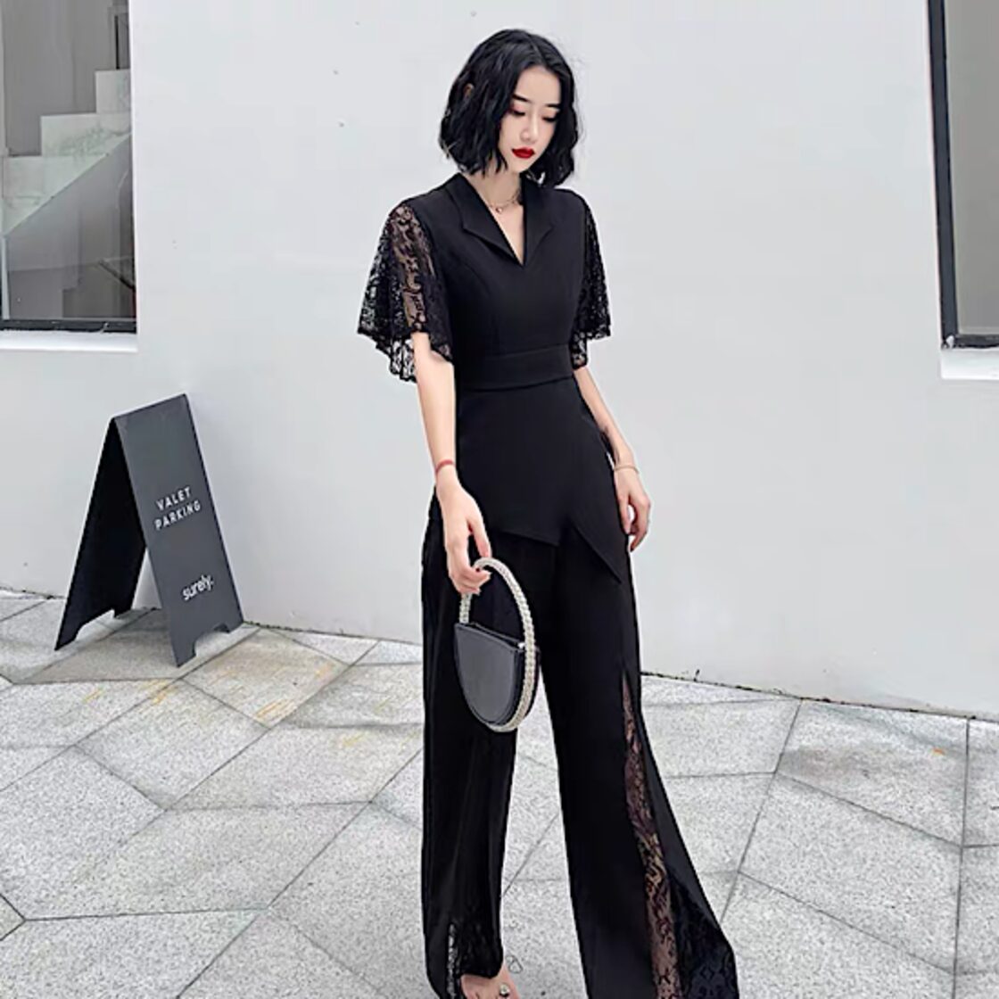 結婚式ドレス パンツドレス レース シースルー Vネック 発表会