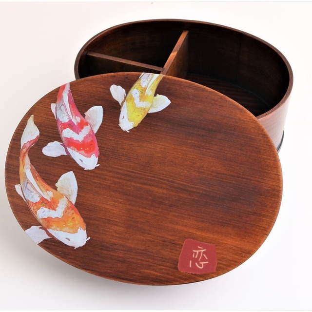 わっぱ一段弁当箱　伝統ある日本の国魚/WOODEN【和柄】　恋（鯉）　漆