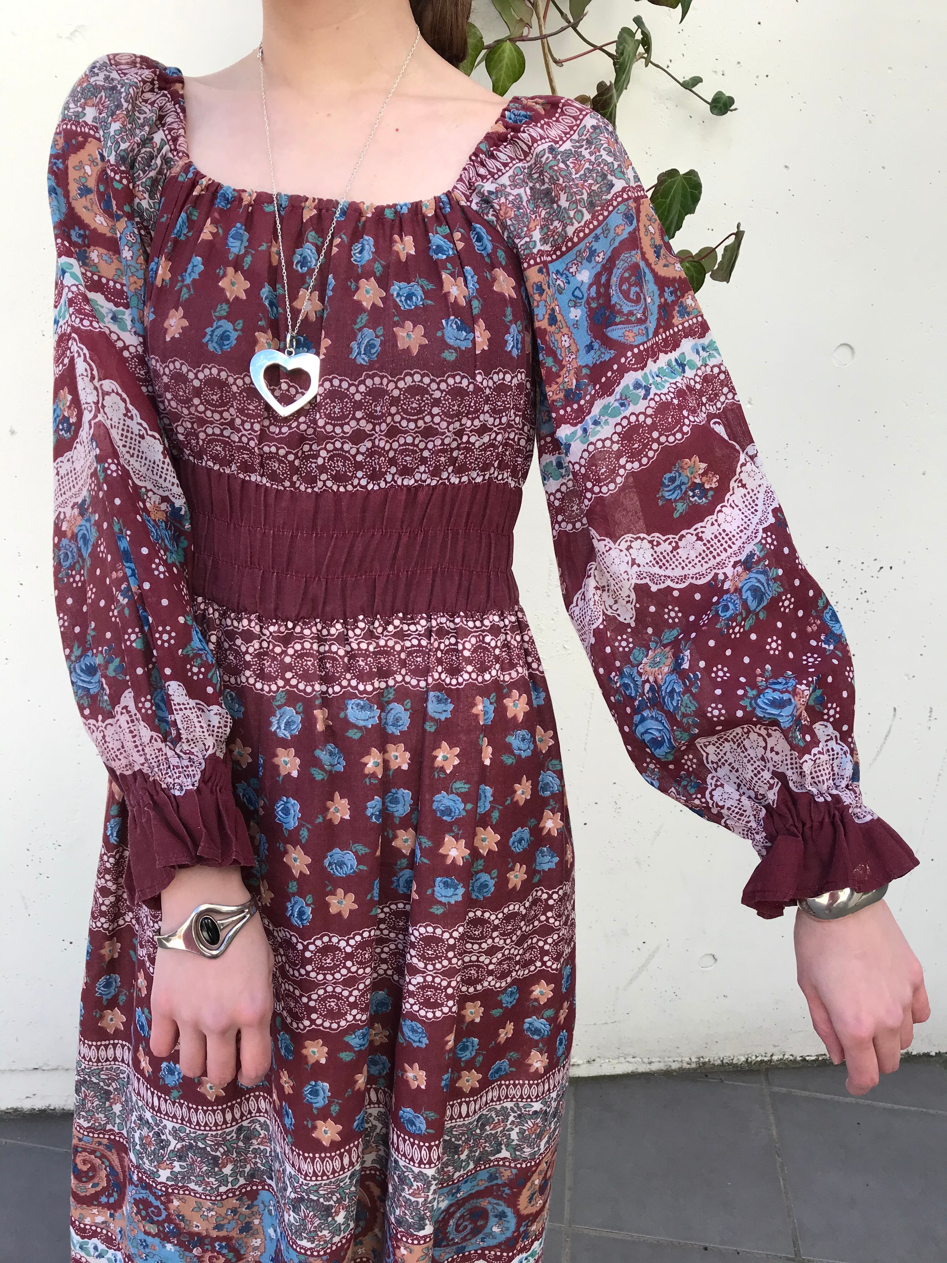 70s Wine Red Floral Lace Cotton Dress ヴィンテージ ワインレッド 花柄 レース コットン ワンピース Riyad Vintage Shop