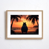 故郷を想うカバ｜夕焼けを見つめる癒しのカバアートポスター｜南国ビーチの優しい物語性を空間に｜A2ポスター