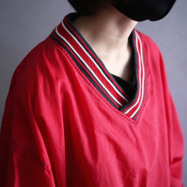 "Champion" knit rib design over silhouette red nylon pullover