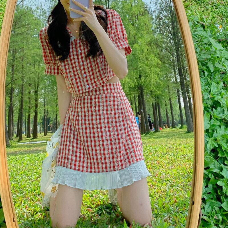 サマースタイルカラー格子柄トップス レースハイウェストウェストショートスカート 夏物 萌量不足61118363385