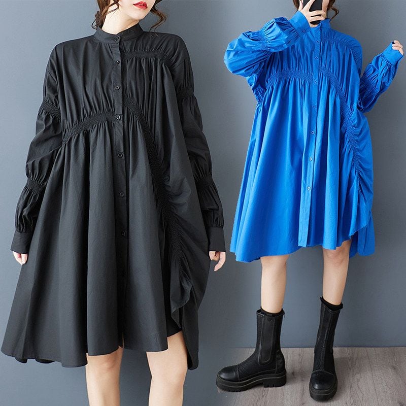 RUCHED PUFF SLEEVE ASYMMETRIC SHIRT DRESS M-18862