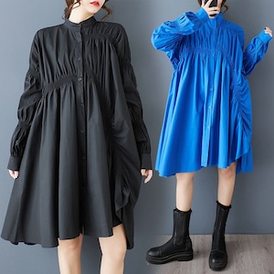 RUCHED PUFF SLEEVE ASYMMETRIC SHIRT DRESS M-18862
