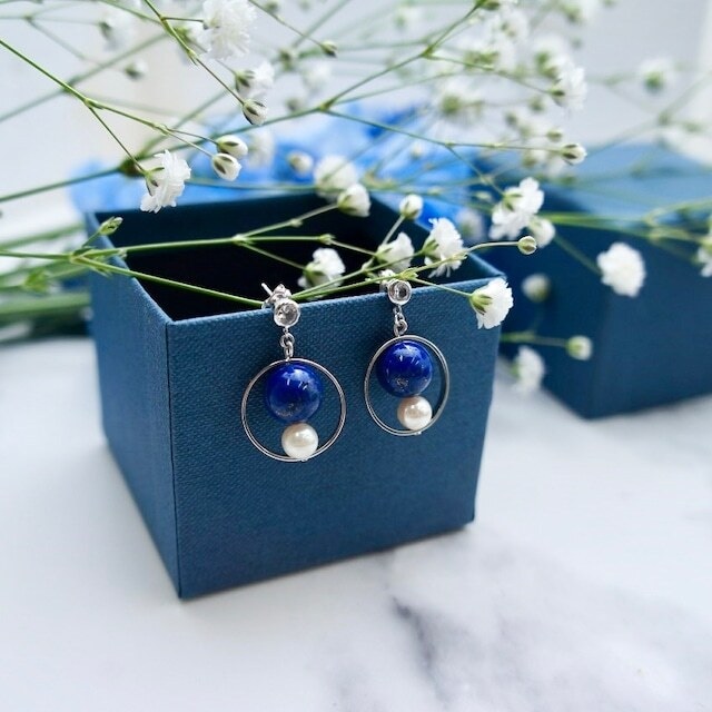 【イヤリング】Lapis Planet earrings（ラピスラズリ×アコヤパール×ホワイトサファイヤ）