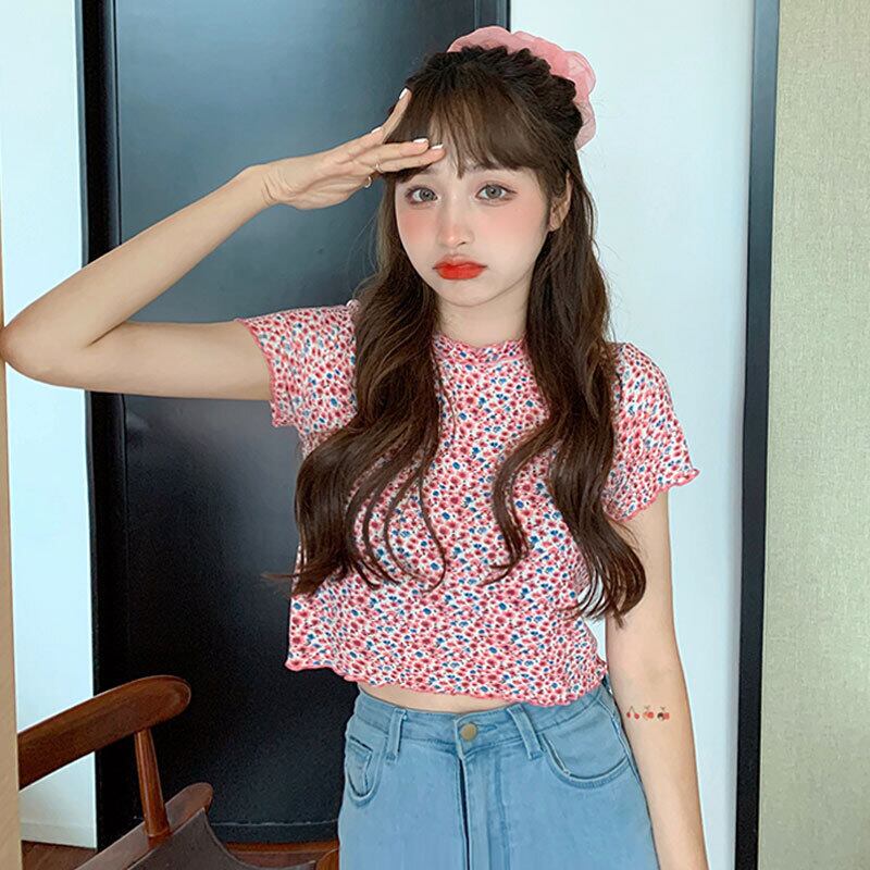 スタンダードフローラルショートTシャツ スプリングサマートップス スタイル レトロ 大人ガーリー スウィート キュート カジュアル 春物 夏物 花柄 萌量不足42411791