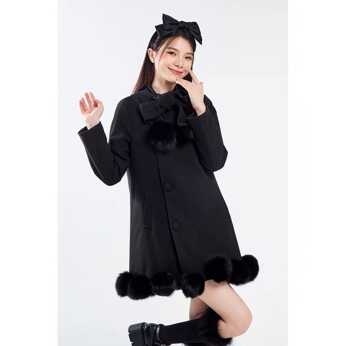 コート 黒 ブラック ぽんぽん リボン シンプル 可愛い 原宿 渋谷 JK 