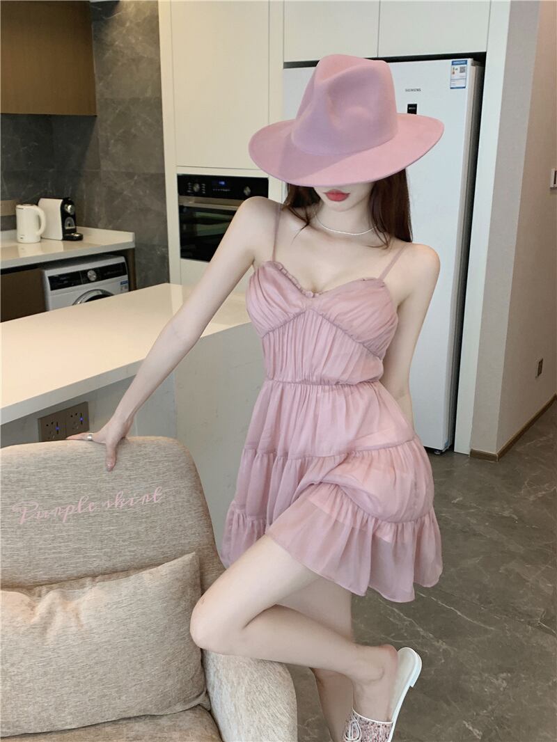 ドレス ショートスカート サマー薄手 ピンク 夏物 ブラックストロベリース82150585927