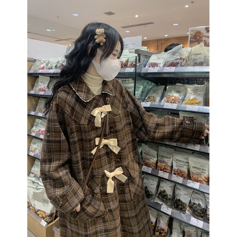 スタンダードコート オータムウィンター格子柄スタイルロング レトロ 秋物 冬物 萌量不足89387352475