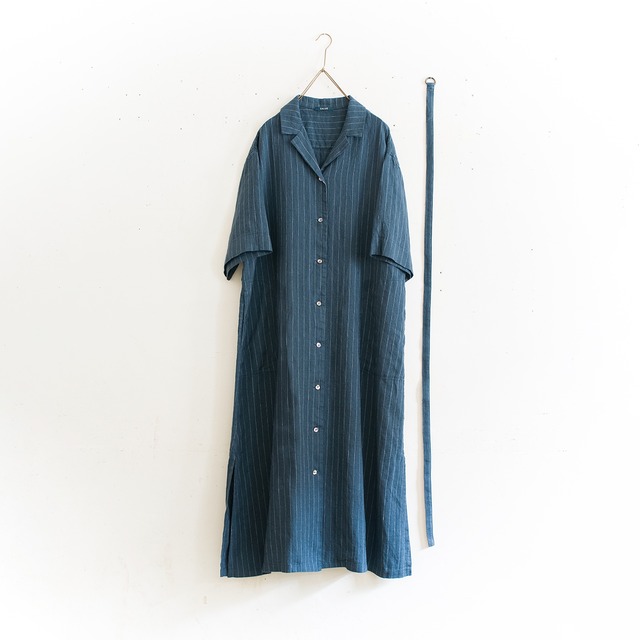half sleeve open collar shirt dress／mid weight linen〈ink line stripe - pond blue〉