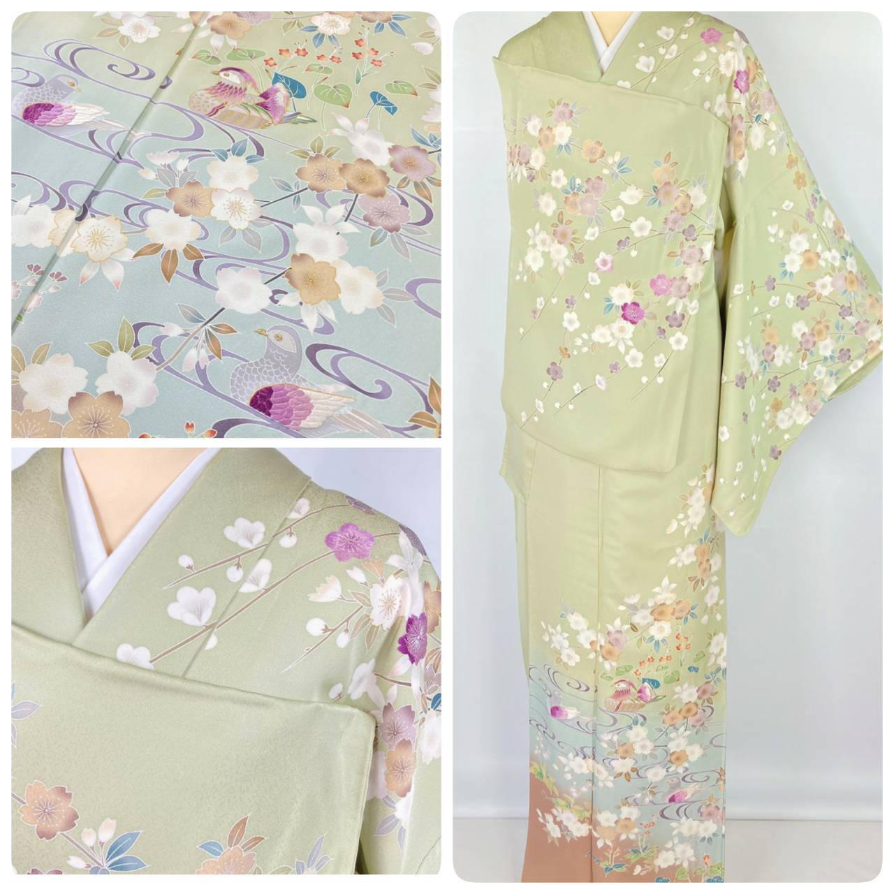 じゅらく帝王紫 刺繍 友禅 希少 訪問着 花柄 正絹 黄緑 紫 水色 984 | kimono Re:和 [online store] キモノリワ  着物 帯