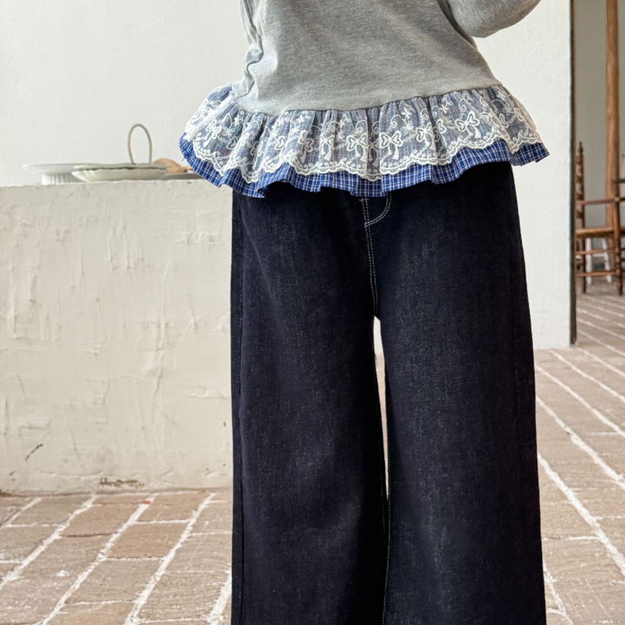 秋チェック柄刺しゅうジンズ