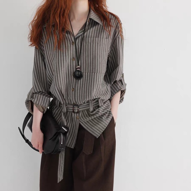 マルチストライプ柄ベルテッドシャツブラウス　　1311　
