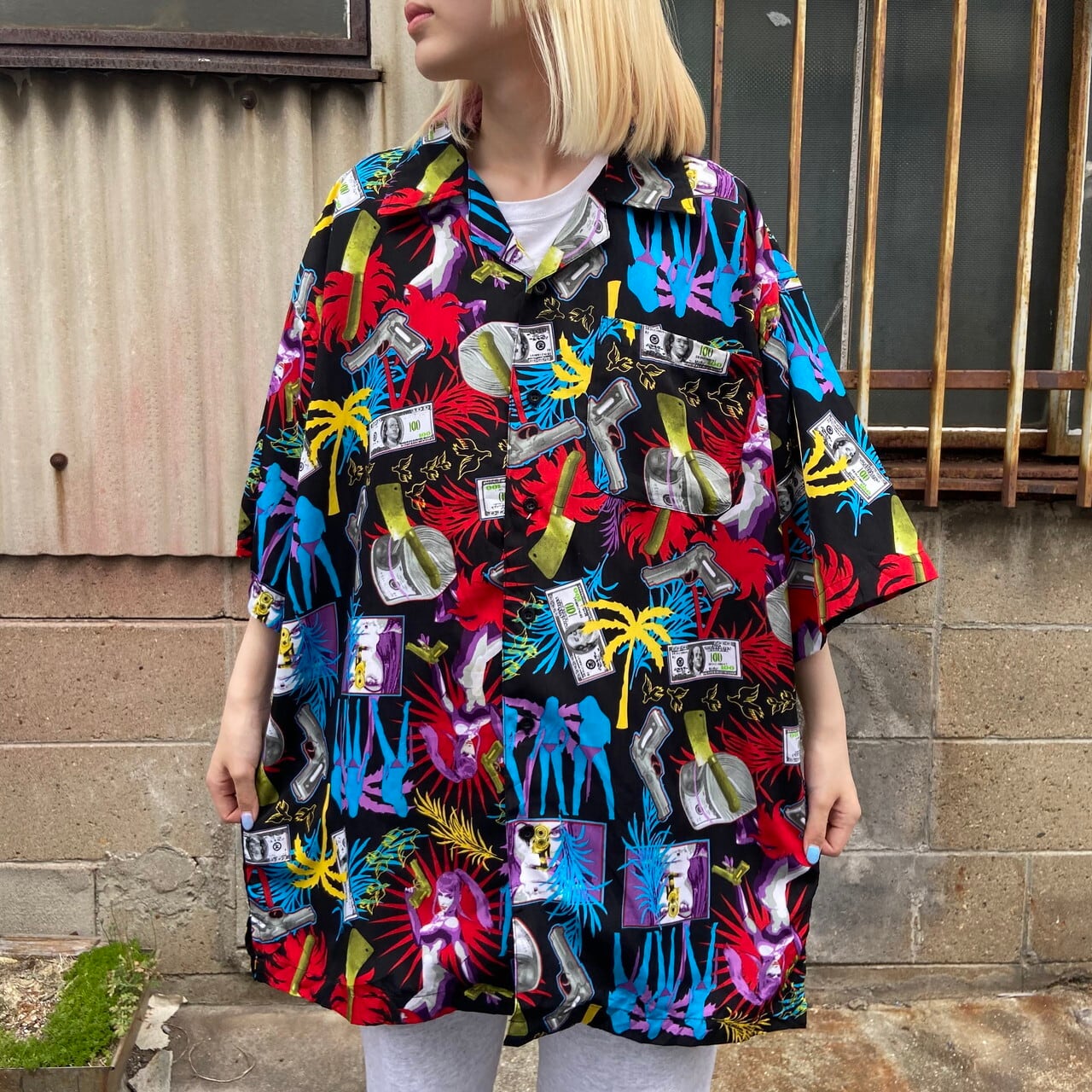 ビッグサイズ Gb Design Lab バイオレンス サイケデリック 総柄シャツ オープンカラーシャツ メンズ2xl相当 古着 ポリシャツ ブラック 黒 大きいサイズ 半袖シャツ Cave 古着屋 公式 古着通販サイト