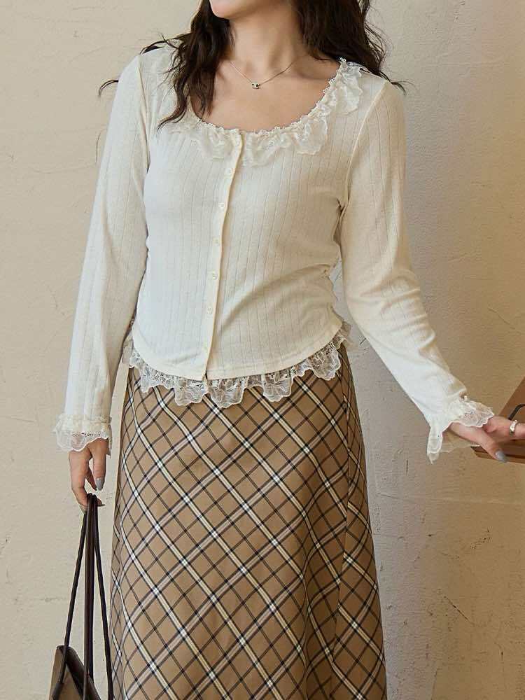 さりげない甘さにときめく♡ フラワーレースリブカーディガン 大人可愛い 上品 リブ レース 花 おしゃれ シンプル カジュアル きれいめ 細見え 体型カバー 大きいサイズ 韓国 CH11603