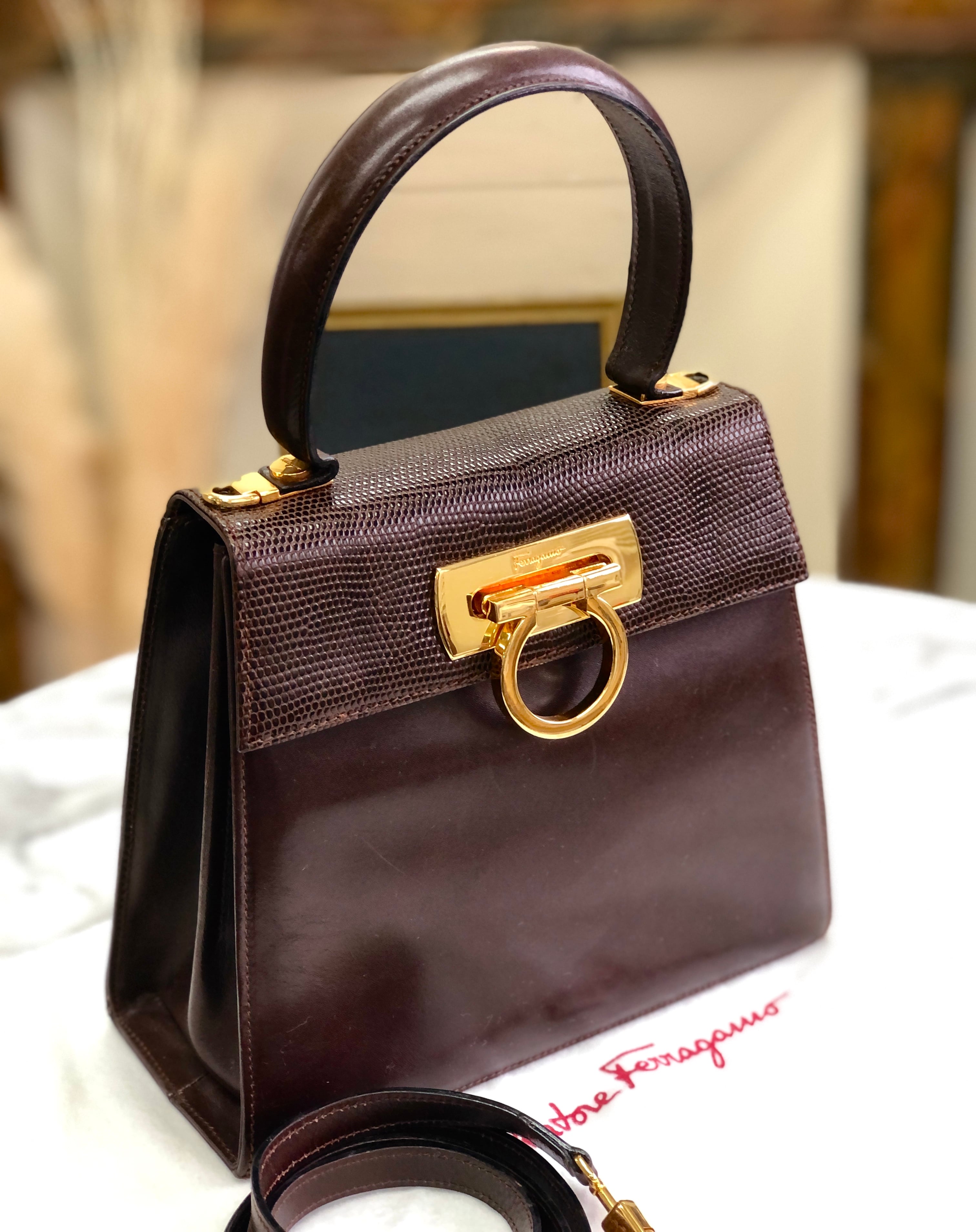 Salvatore Ferragamo サルバトーレ フェラガモ ヴァラ リザード ショルダーバッグ ブラウン ベージュ レアカラー 本革 イタリア製 