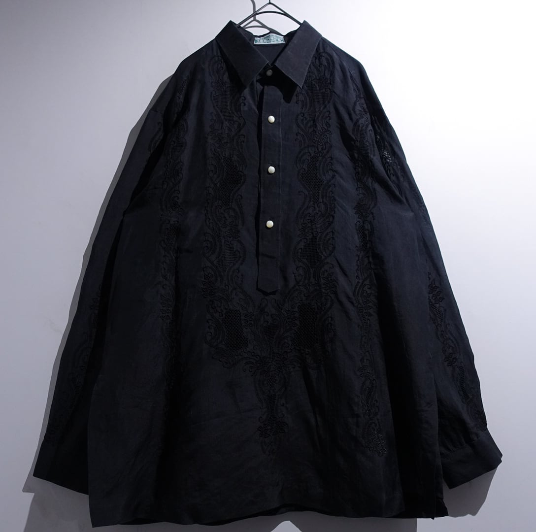 Black Botanical Embroidery Desgin See-Through Pullover Shirt