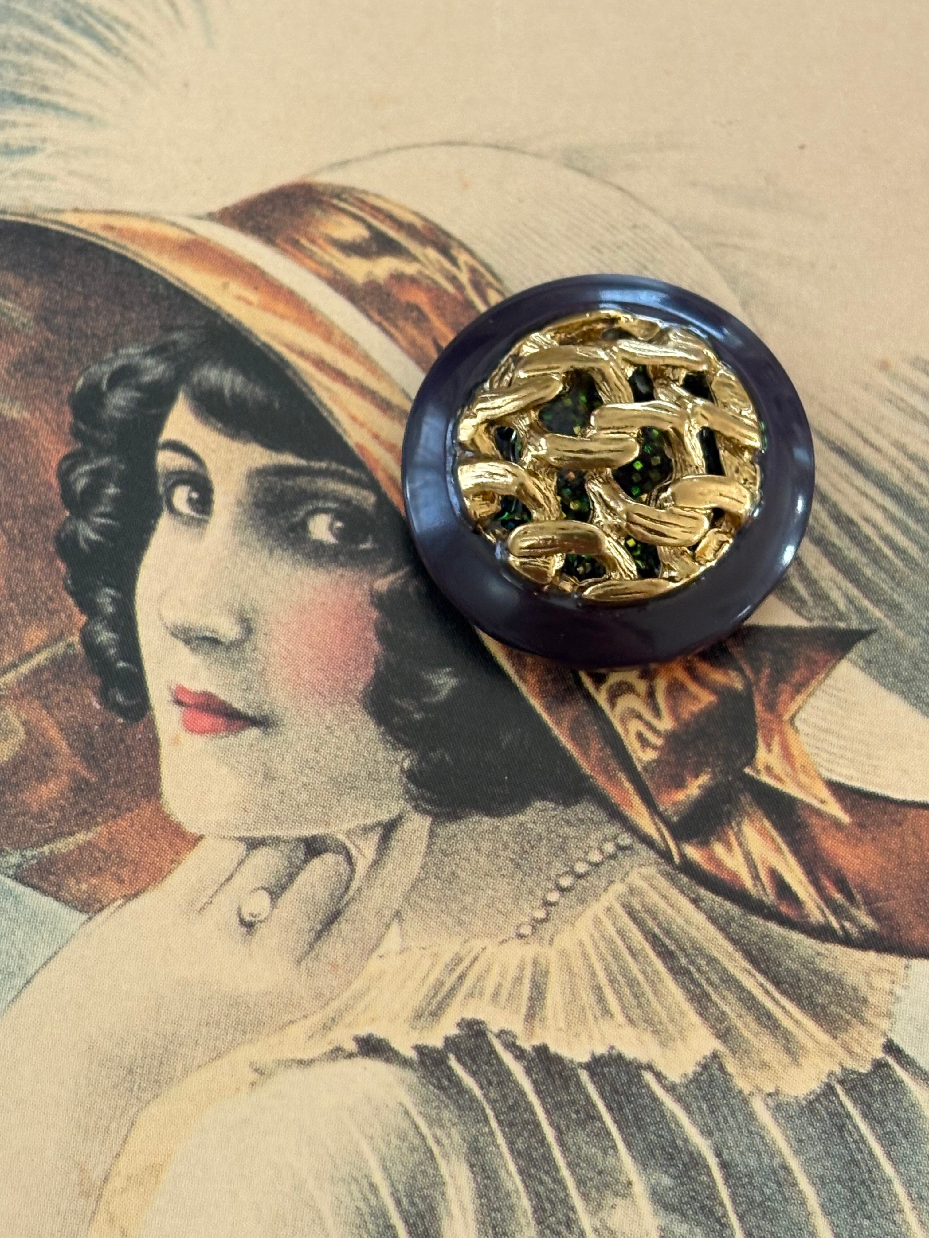 Import Vintage ボタン ドーム型 パープル×ゴールド グリッター 22mm アクセサリーパーツ デコレーション材