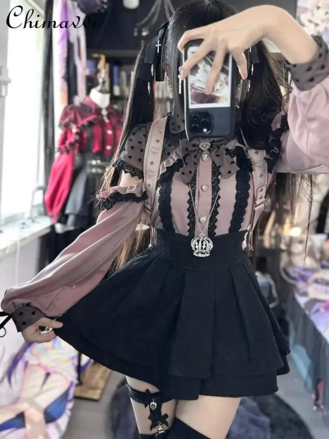 女性用長袖シャツ,裸の肩,ロリータブラウス,レースのリボントップ,甘い 