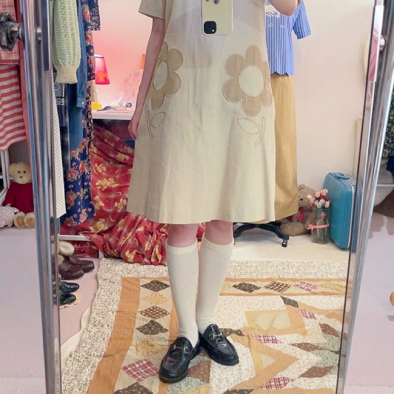 ribbon beige corduroy one-piece
