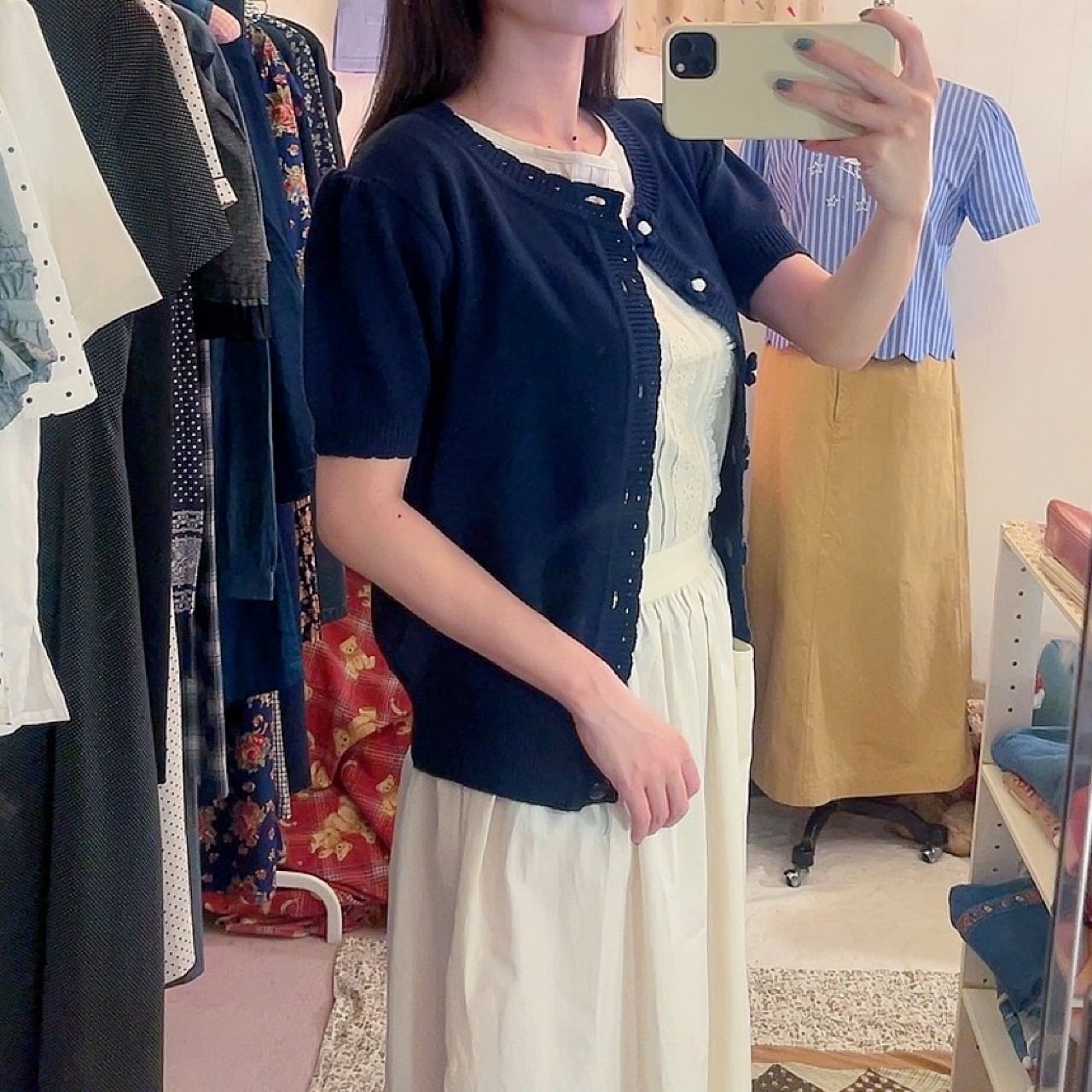 flower button navy knit cardigan