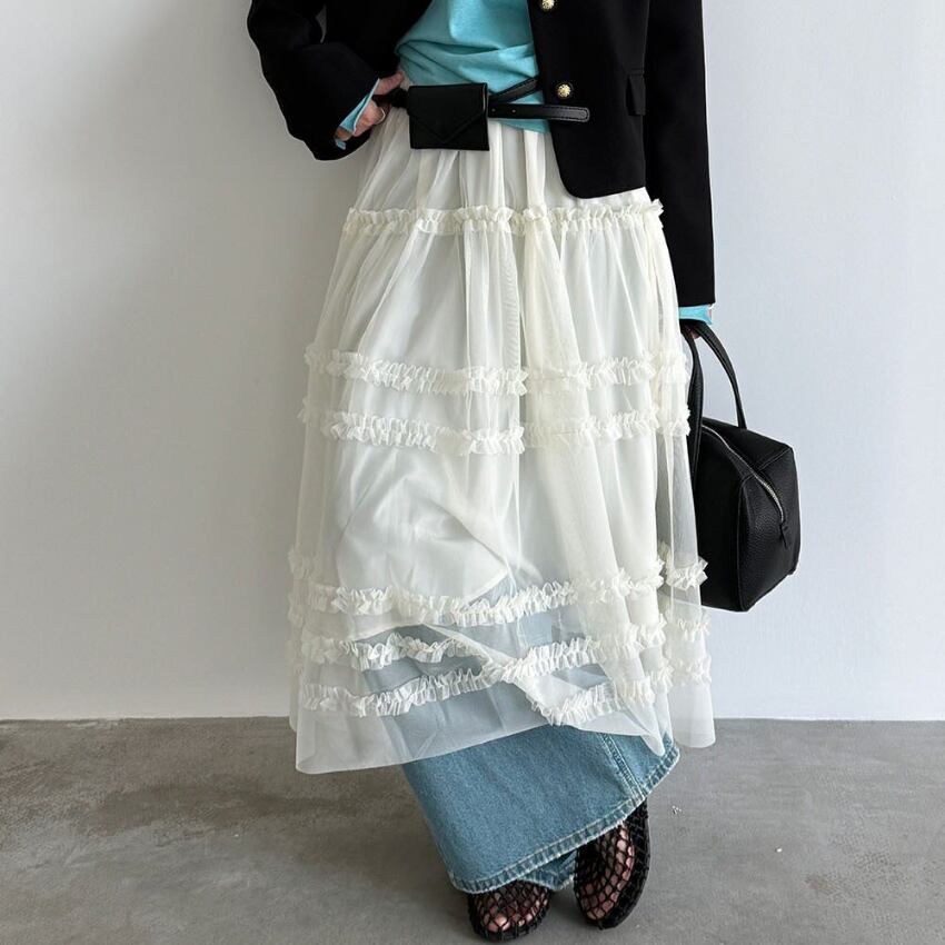 sheer frill long skirt　J00530