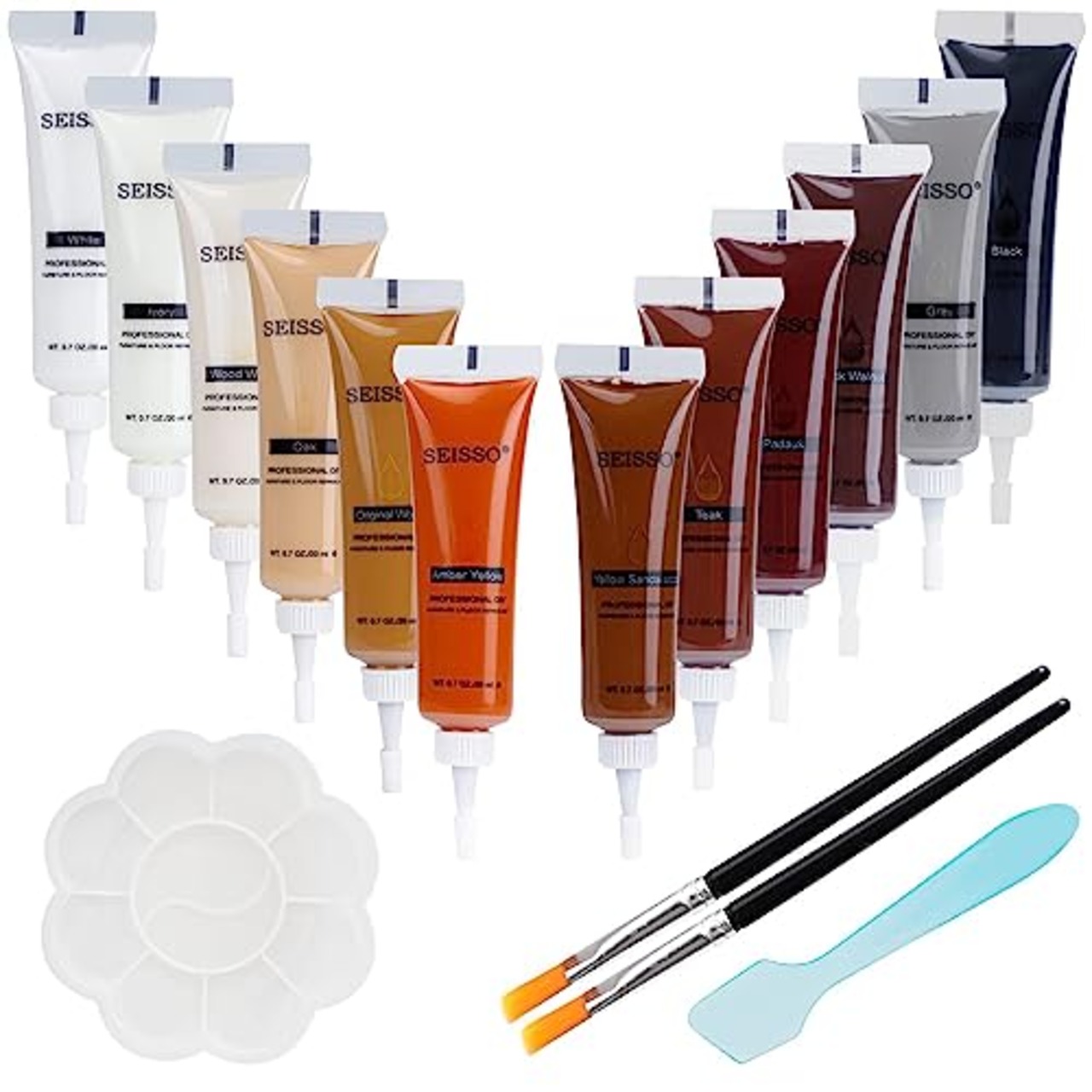 SEISSO フローリング 補修 木製品キズ補修 補修クリーム 12色入り 床補修 ドア補修 キズ隠し 傷消し パレット付き スクレーパー付き ブラシ付き