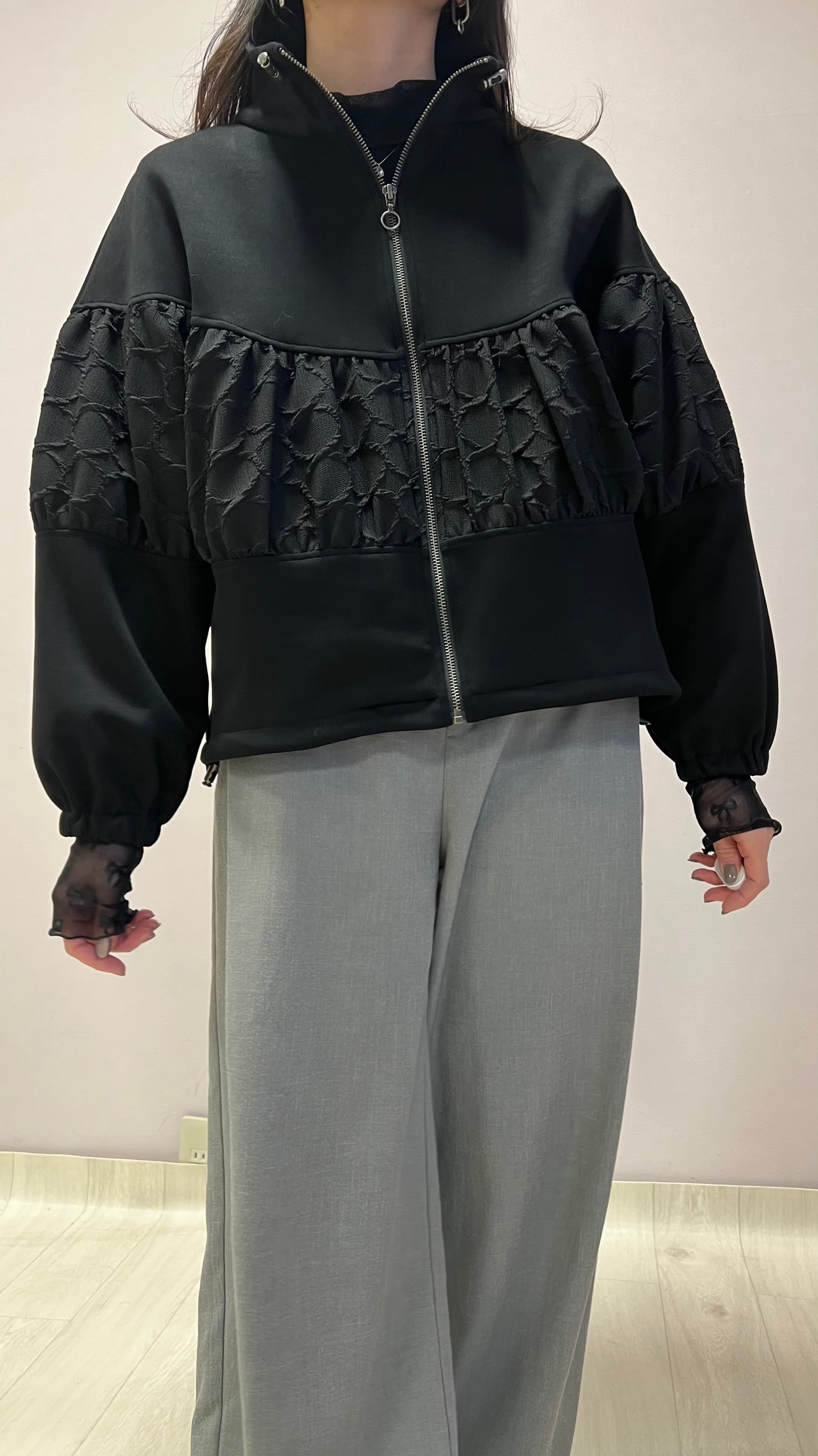 COMME UNE FAMME 切替ハイネックブルゾン No.596113 ブラック グレー 9号 コムアンファム