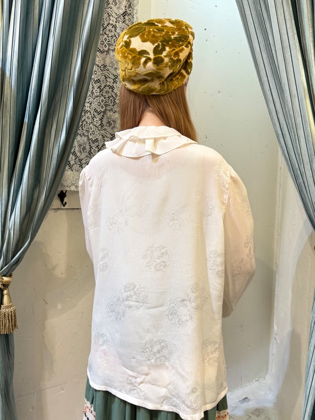 70's 80's white frill flower print blouse